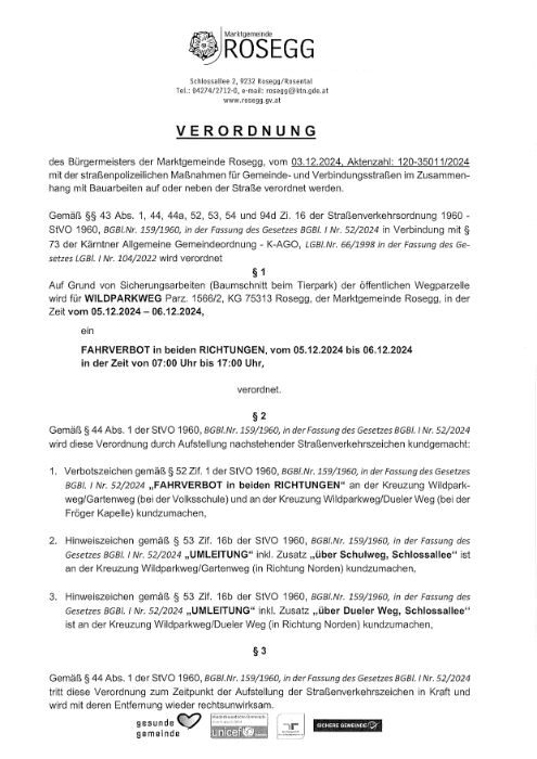 Verordnung Verkehrsbeschränkung Zahl: 120-35011/2024 Sperre WILDPARKWEG 05.12.2024 - 06.12.2024