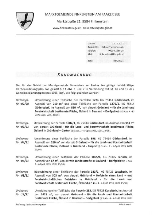 Marktgemeinde Finkenstein Kundmachung Abänderung Flächenwidmunsplan Zahl 034/st/21