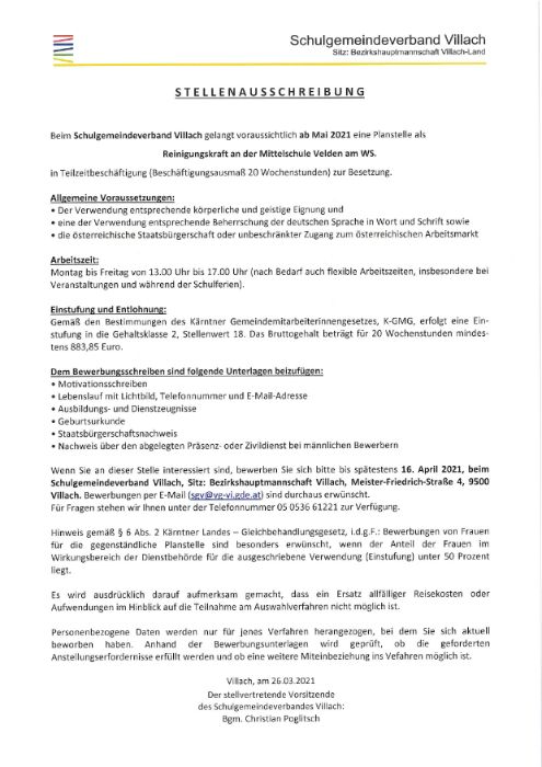 Stellenausschreibung MS Velden - Reinigungskraft