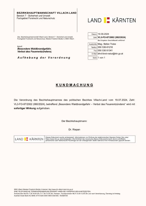 Aufhebung Verordnung Besondere Waldbrandgefahr, Verbot des Feuerentzündens