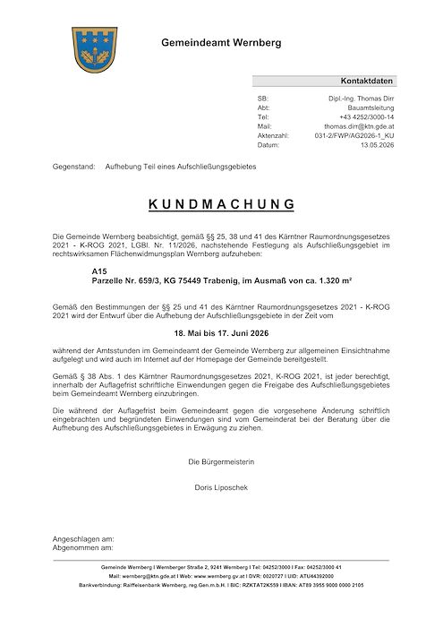 Kundmachung Gemeinde Wernberg