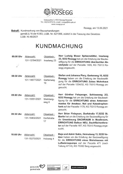 Kundmachung zum Bauverhandlungstermin am 28.09.2021