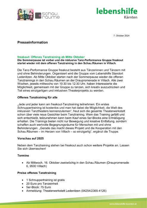 freakout: Offenes Tanztraining ab Mitte Oktober - lebenshilfe Kärnten