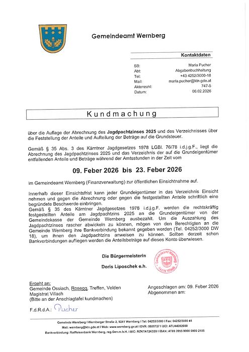 Kundmachung Gemeindeamt Wernberg