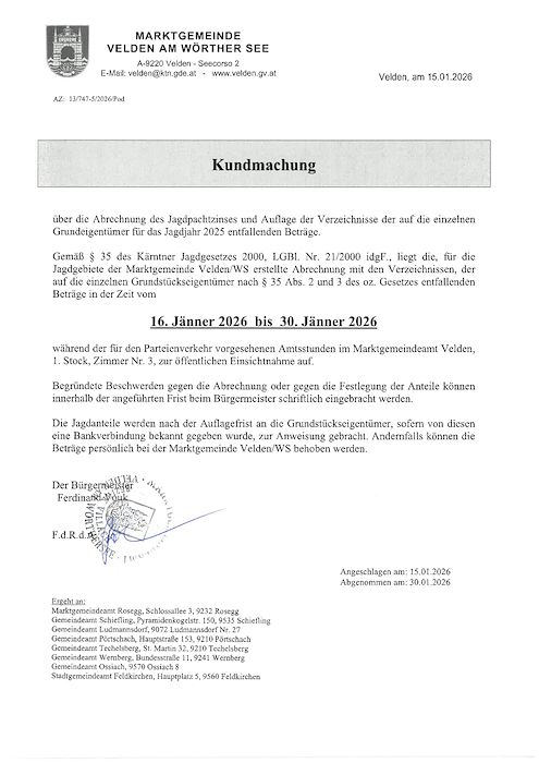 Kundmachung Marktgemeinde Velden am Wörther See 