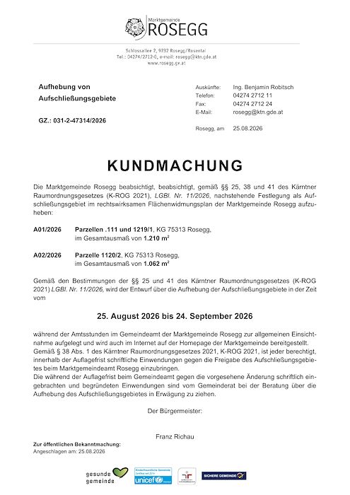 Kundmachung zur Aufhebung von Aufschließungsgebiete