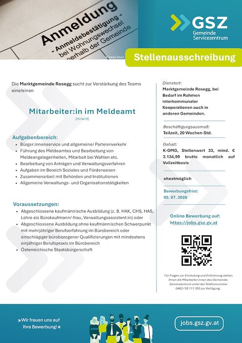 Stellenausschreibung Marktgemeinde Rosegg, Mitarbeiter:in im Meldeamt