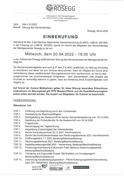 20. April 2022 Einberufung Sitzung des Gemeinderates