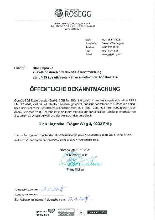 öffentliche Bekannmachung Zahl 023-16941-2021 Olah Hajnalka