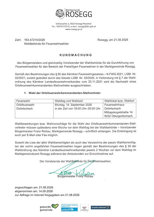 Kundmachung Nachwahl Feuerwehr Dolintschach