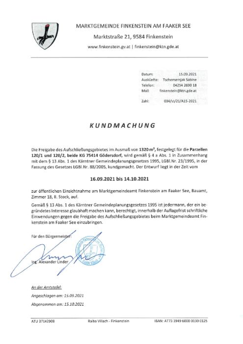 Kundmachung Freigabe Aufschließungsgebiet A15-2021 Parz 120-1 und 120-2 KG 75414