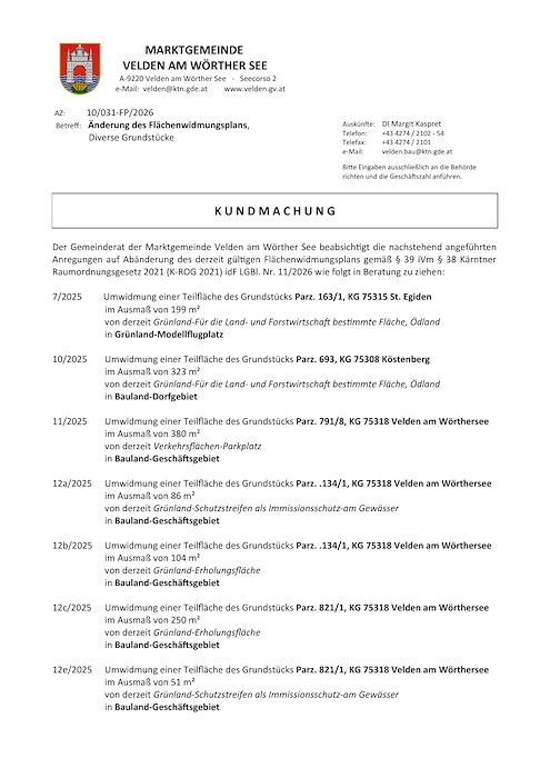 Kundmachung Marktgemeinde Velden am Wörthersee