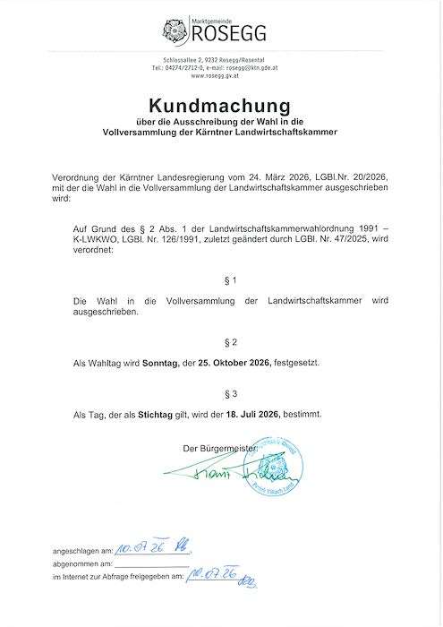 Kundmachung über die Ausschreibung der Wahl in die Vollversammlung d. Kärntner Landwirtschaftskammer