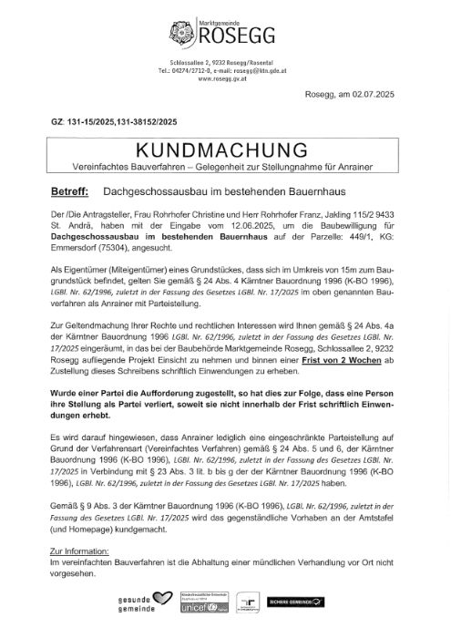 Kundmachung vereinfachtes Bauverfahren Zahl: 131-38152-2025