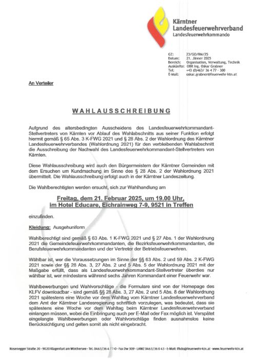 Wahlausschreibung, Kärntner Landesfeuerwehrverband