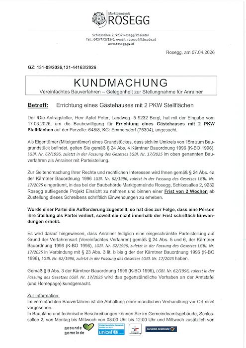 Kundamachung vereinfachtes BVH Zahl 131-44163-2026