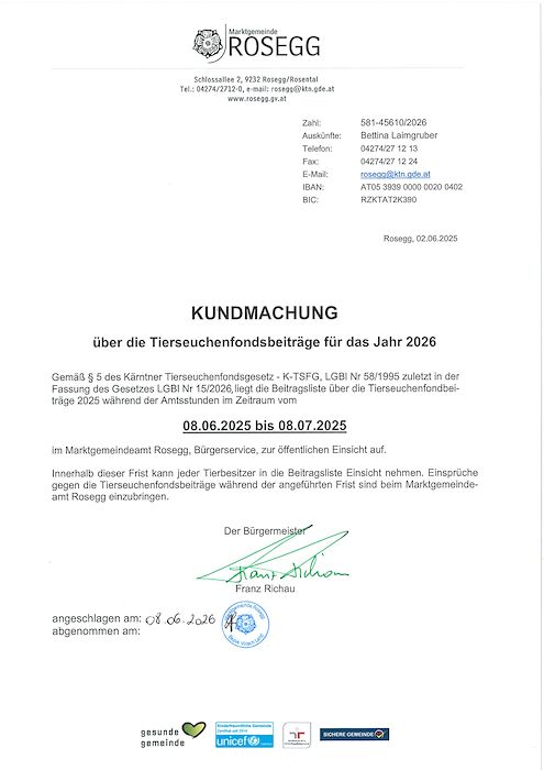 Kundmachung über die Tierseuchenfondsbeiträge für das Jahr 2026