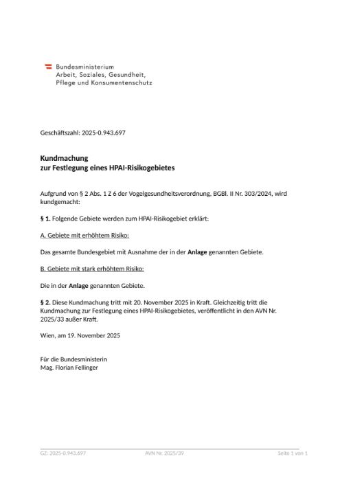 Kundmachung zur Festlegung eines HPAI-Risikogebietes