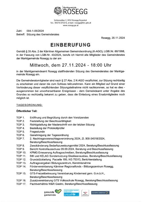 Einberufung zur Sitzung des Gemeinderates am 27.11.2024