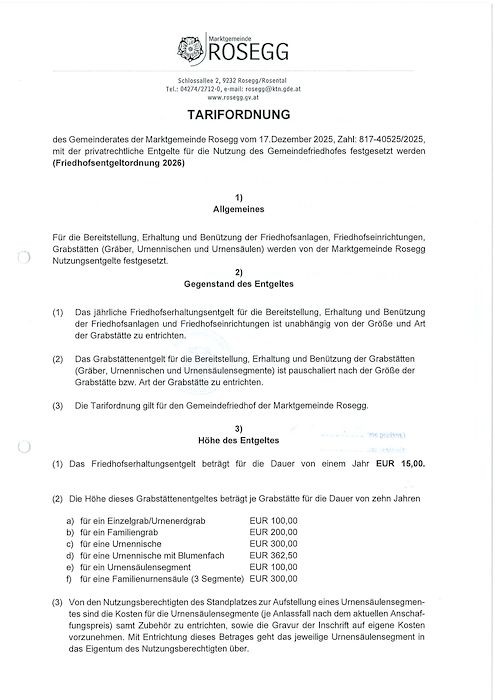 Friedhofsentgeltordnung 2026