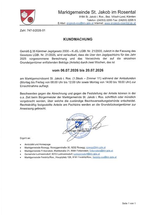 Kundmachung Marktgemeinde St. Jakob im Rosental