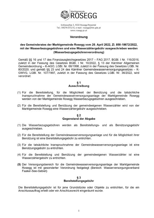 Wasserbezugsgebührenverordnung vom 20. April 2022, Zl. 850-18672/2022