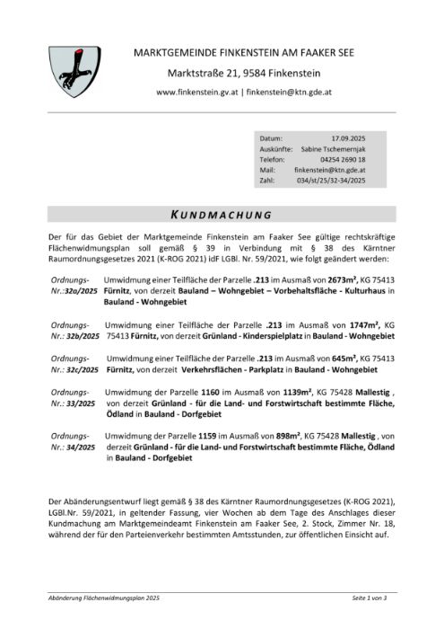 Kundmachung Marktgemeinde Finkenstein am Faaker See