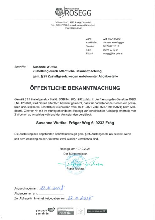 öffentliche Bekanntmachung Zahl 032-16941-2021 Susanne Wuttke