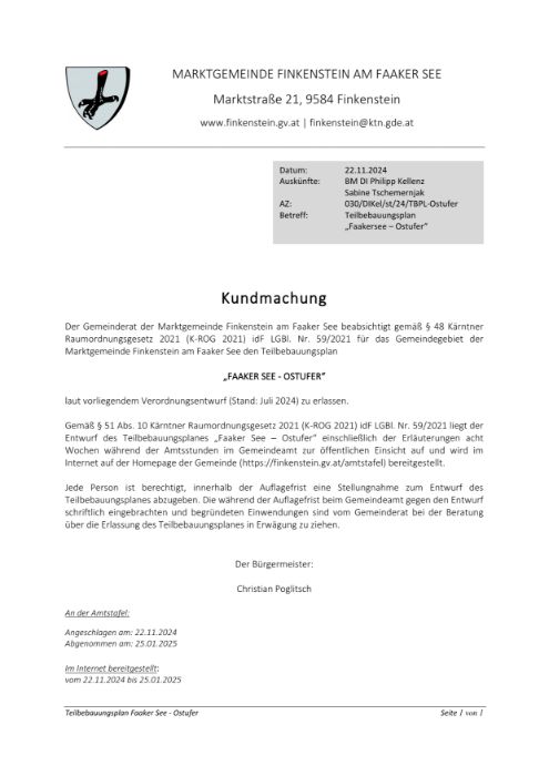 Kundmachung Marktgemeinde Finkenstein am Faaker See