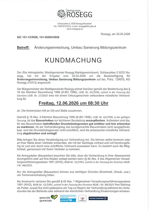 Kundmachung zum Bauverfahren Zahl 131-45284-2026
