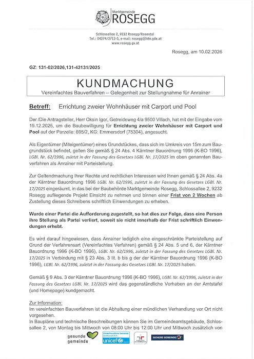 Kundmachung Vereinfachtes Bauverfahren Zahl 131-42131-2025