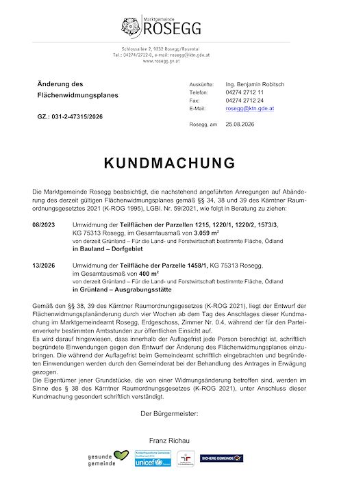 Kundmachung zur Abänderung des Flächenwidmungsplanes