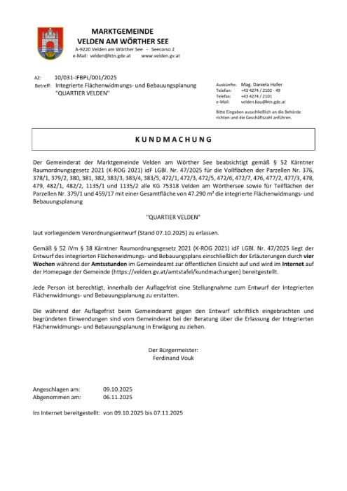Kundmachung Marktgemeinde Velden am Wörthersee