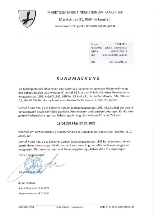 Kundmachung Marktgem. Finkenstein am Faaker See Flächenwidmungs- und Bebauungsplan Aichwaldsee II