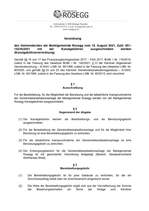 Verordnung  des Gemeinderates der Marktgemeinde Rosegg vom 19. August 2021, Zahl: 851-15235/2021