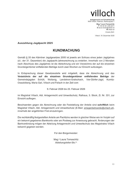 Kundmachung Stadt Villach