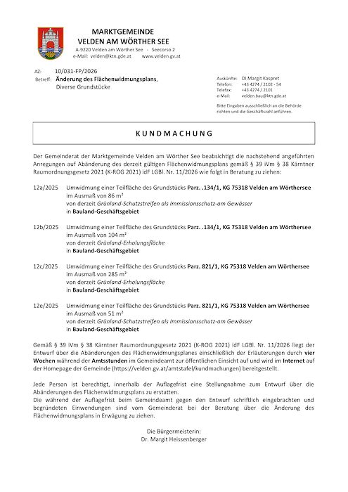 Kundmachung Marktgemeinde Velden am Wörthersee