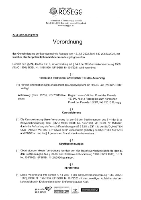 Verordnung Halten und Parkverbot Ackerweg vom 12.07.2022 Zahl: 612-20633/2022