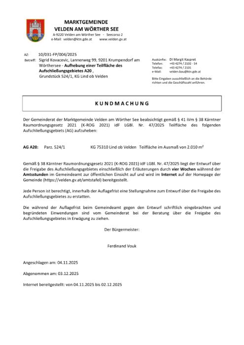Kundmachung Marktgemeinde Velden am Wörthersee