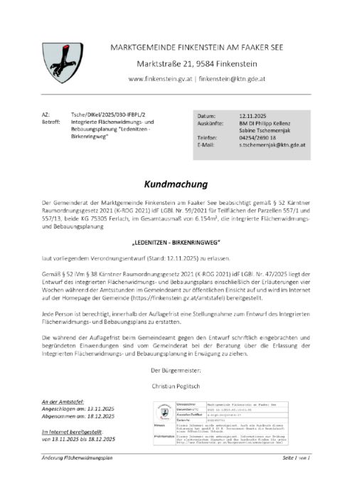 Kundmachung Marktgemeinde Finkenstein am Faaker See