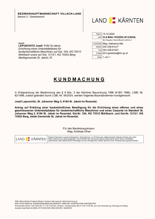 Kundmachung Bezirkshauptmannschaft Villach-Land