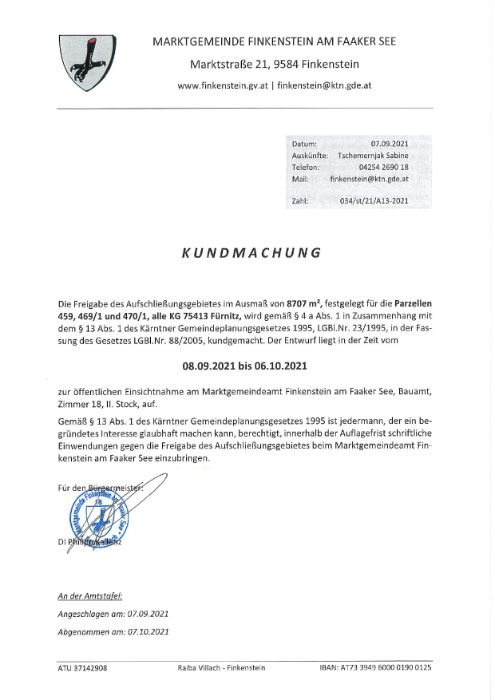 Marktgemeinde Finkenstein Freigabe Aufschließungsgebiet A13-2021
