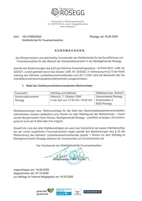 Kundmachung Nachwahl Gemeindefeuerwehr Rosegg 7. Oktober 2026