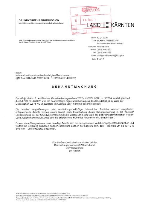 Bekanntmachung - Information über einen beabsichtigten Rechtserwerb