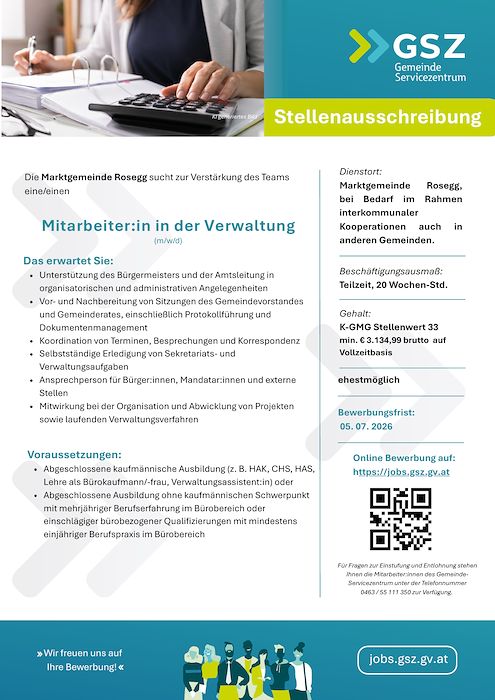 Stellenausschreibung Marktgemeinde Rosegg, Mitarbeiter:in in der Verwaltung