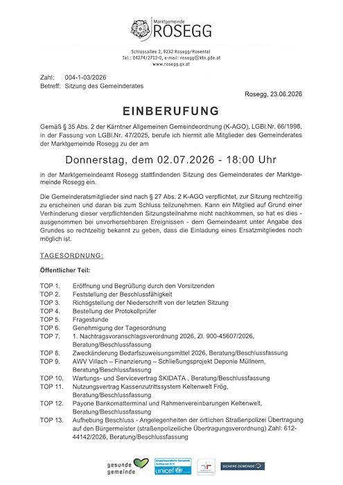 02. Juli 2026 Einberufung Sitzung des Gemeinderates