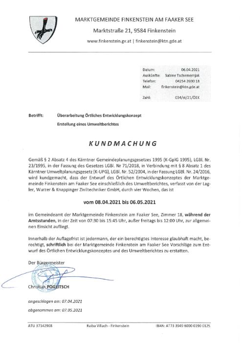 Kundmachung örtliches Entwicklungskonzept Marktgemeinde Finkenstein
