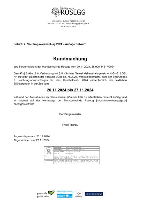 Kundmachung Auflage 2. Nachtragsvoranschlagsentwurf 2024