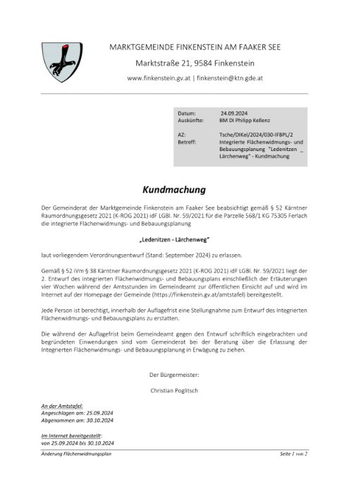 Marktgemeinde Finkenstein am Faaker See, Kundmachung