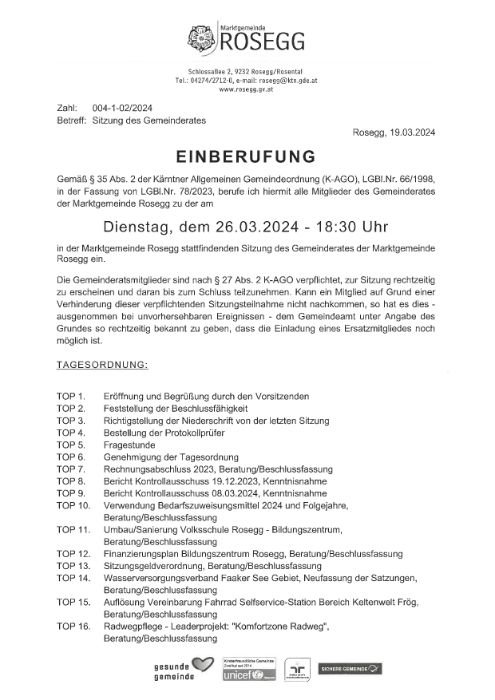 Einberufung zur Sitzung des Gemeinderates am 26.03.2024